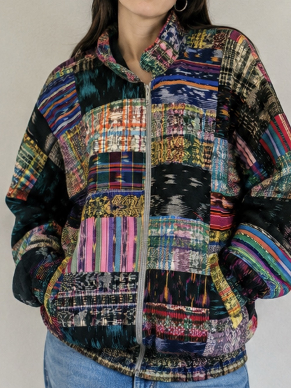 Vintage Laguna Beach Patchwork Woven Jacket Multicolor Boho Artsy Size M